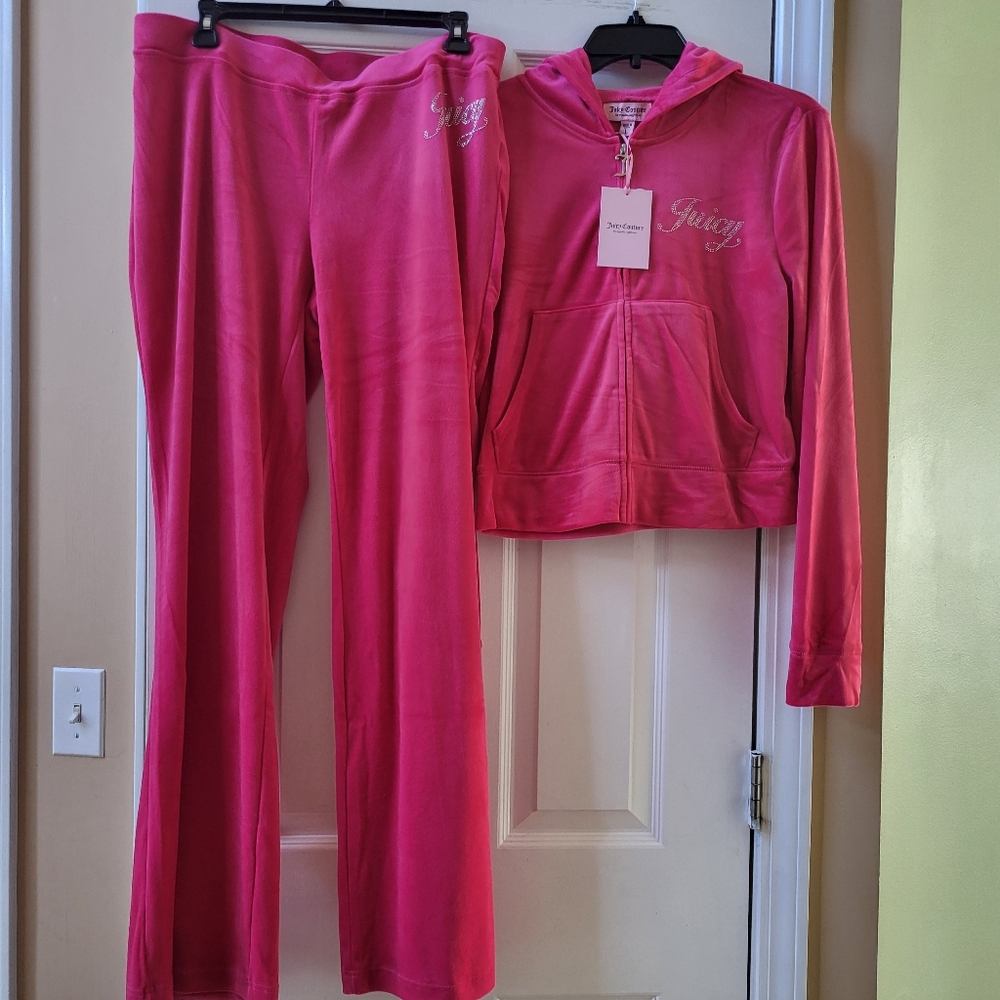 Juicy Couture Velour Vixen Pink Tracksuit 2 Pc Set Hoodie & Pants Size L Large